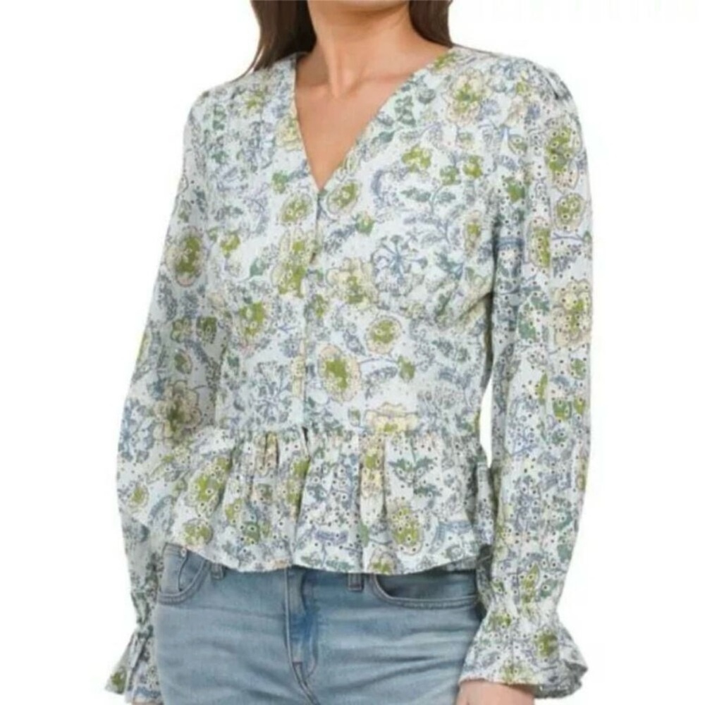 7 For All Mankind Blue Green Floral Eyelet Peplum Blouse M Cottagecore Boho